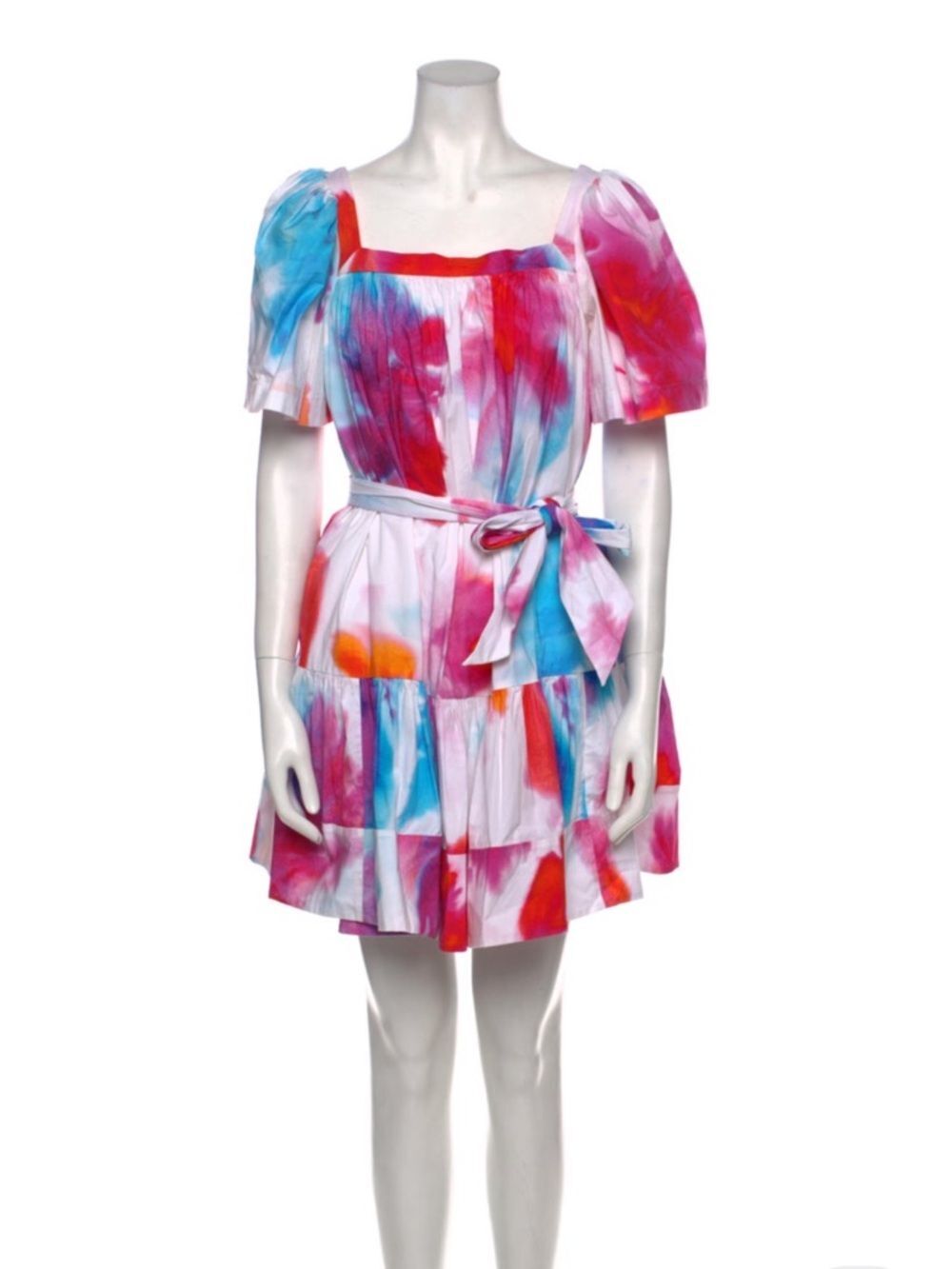 Tanya Taylor Pink Blue Orange Watercolor Puff-Sleeve Mini Dress